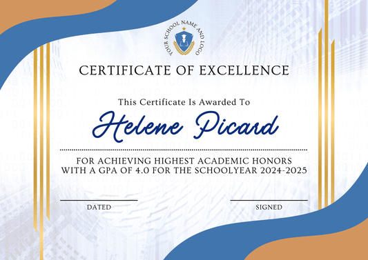 Certificate of Excellence (Blue/Orange)